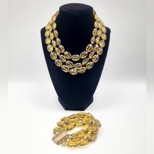 Chunky Amber Yellow Beaded Necklace & Bracelet Set Multi Strand Statement